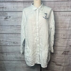 Soft Surroundings 2X Linen Anchor Button Down Blouse Nautical Beach Roll Tab